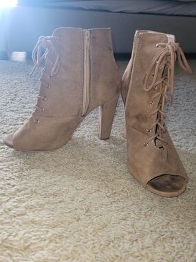 Delman Tan Suede Lace-Up Peep-Toe Ankle Heel-Boots